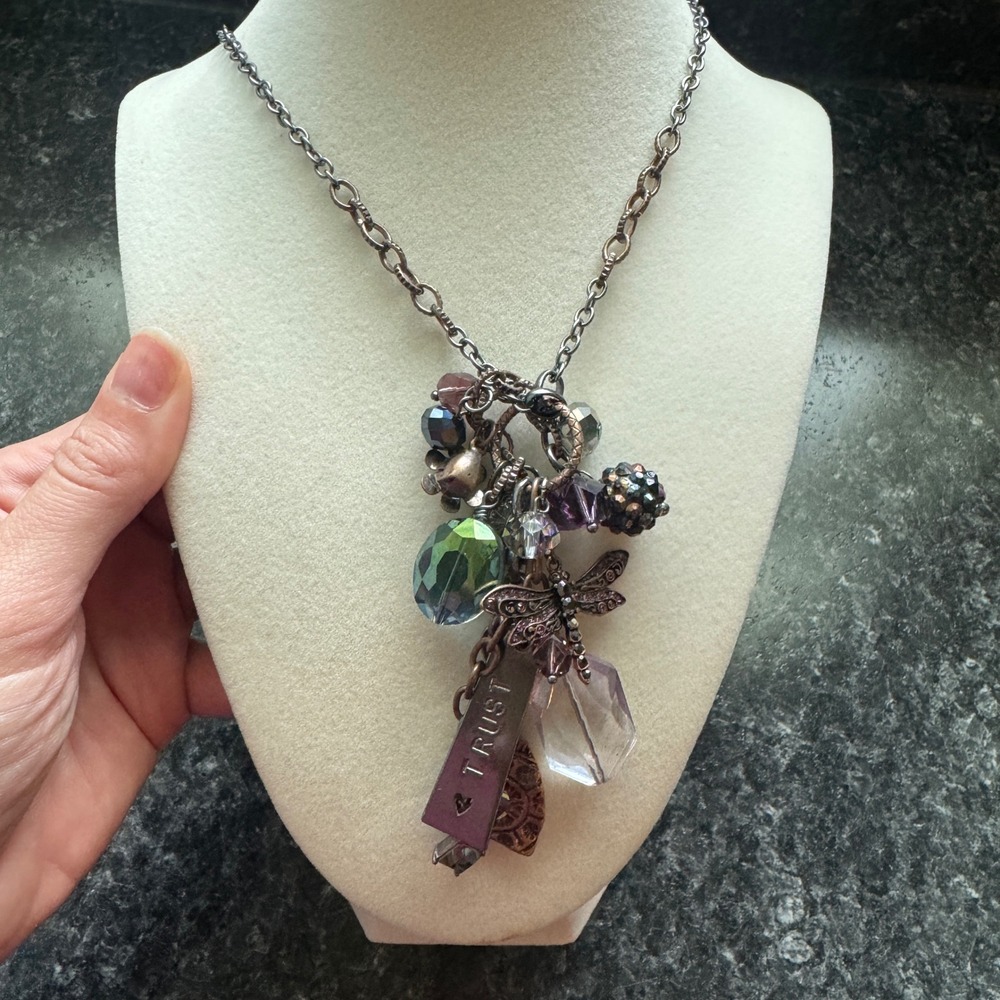 Mythologie Trust Dragonfly Charm Necklace Purple Iridescent Beads Mixed Metal